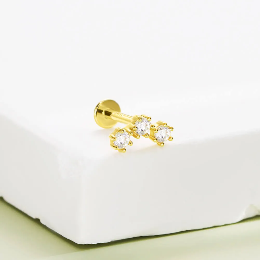 14K Solid Gold Gorgeous Triple CZ Push Pin Helix Earring