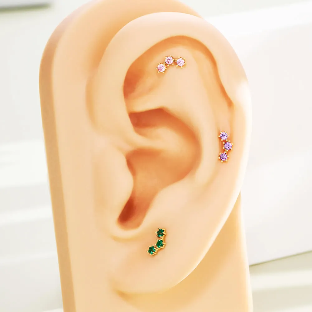 14K Solid Gold Gorgeous Triple CZ Push Pin Helix Earring