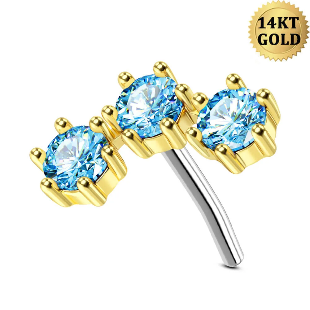 14K Solid Gold Gorgeous Triple CZ Push Pin Helix Earring