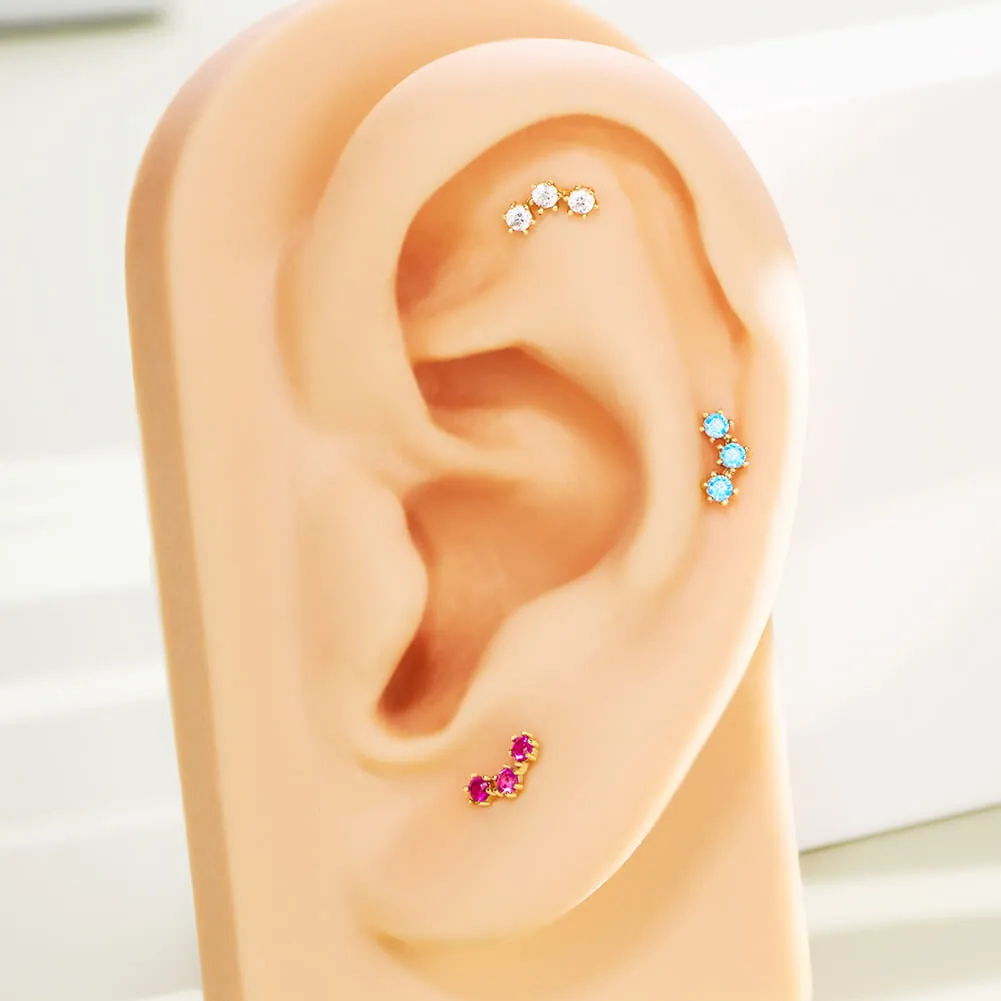 14K Solid Gold Gorgeous Triple CZ Push Pin Helix Earring