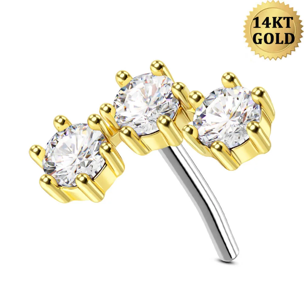 14K Solid Gold Gorgeous Triple CZ Push Pin Helix Earring