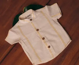 Alok- Boys Hand-loomed Cotton Cream Shirt with Golden Kasavu