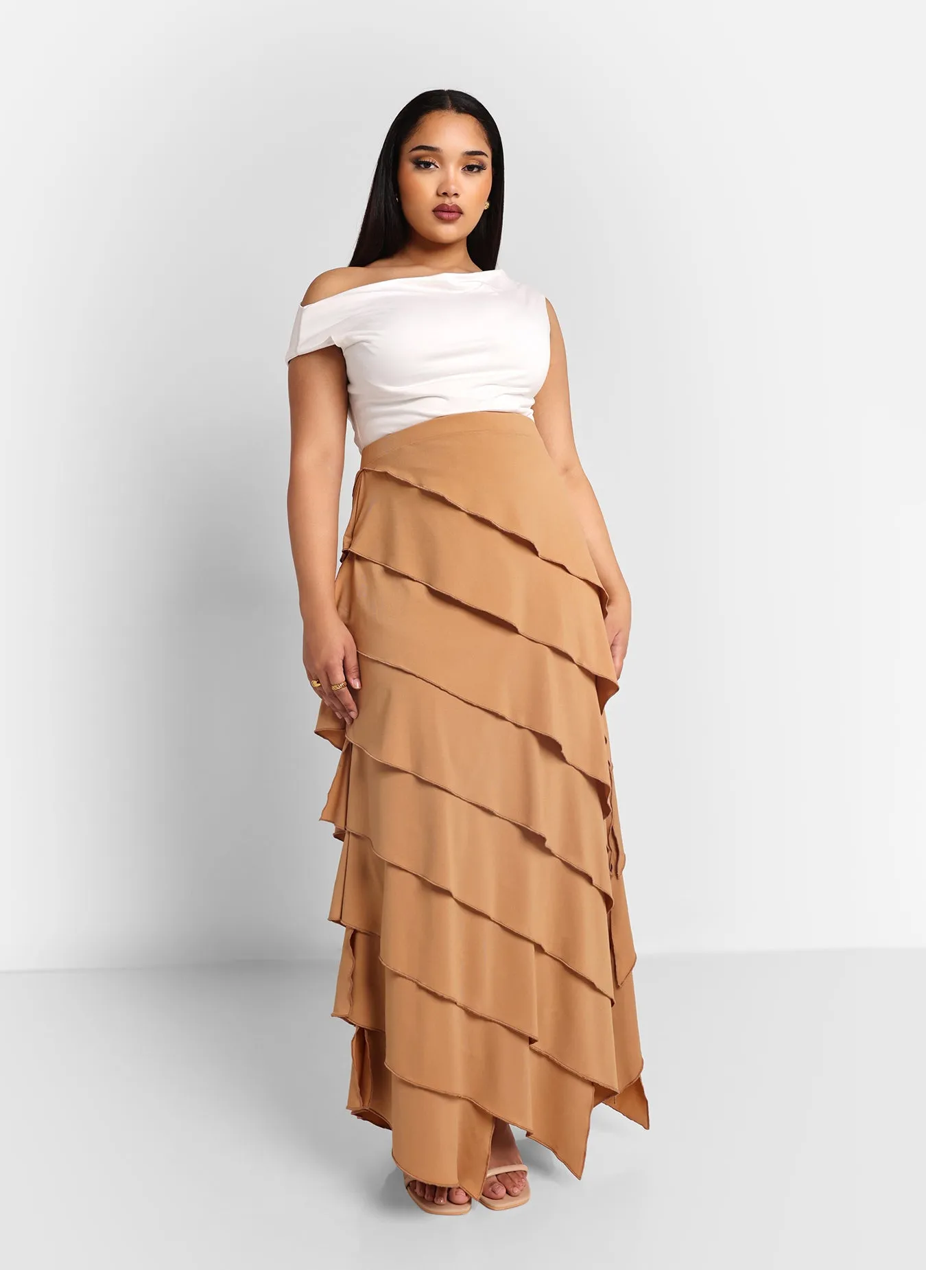 Amanda Ruffle Maxi Bodycon Skirt - Brown