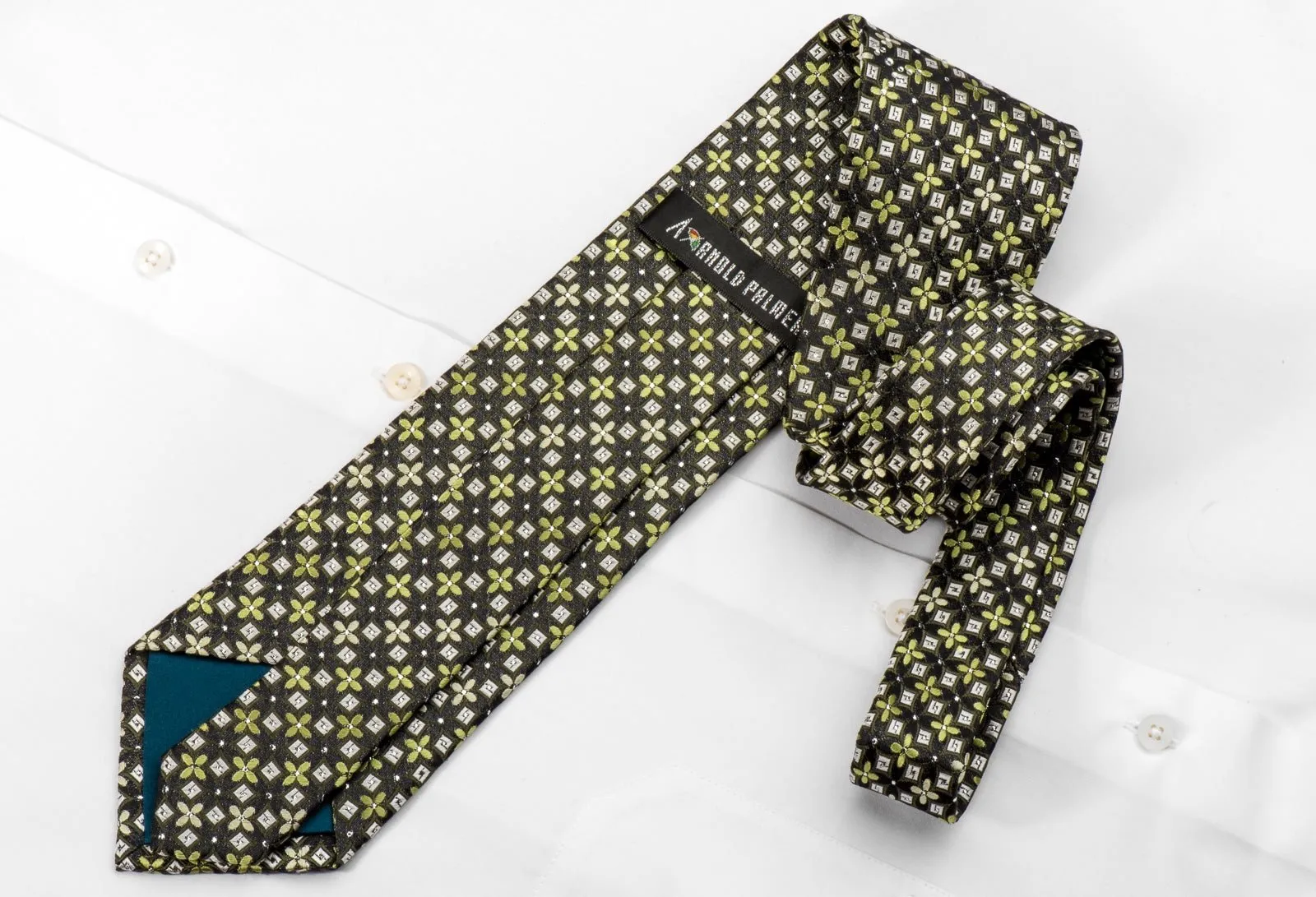 Arnold Palmer Men's Silk Rhinestone Tie Green Foulard On Black With Silver Sparkles