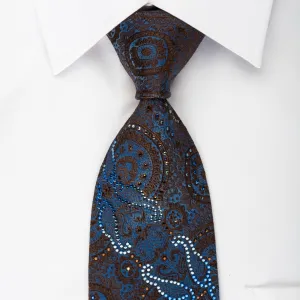 Arpeggio Silk Necktie Brown Anthemion On Blue With Crystal Rhinestones