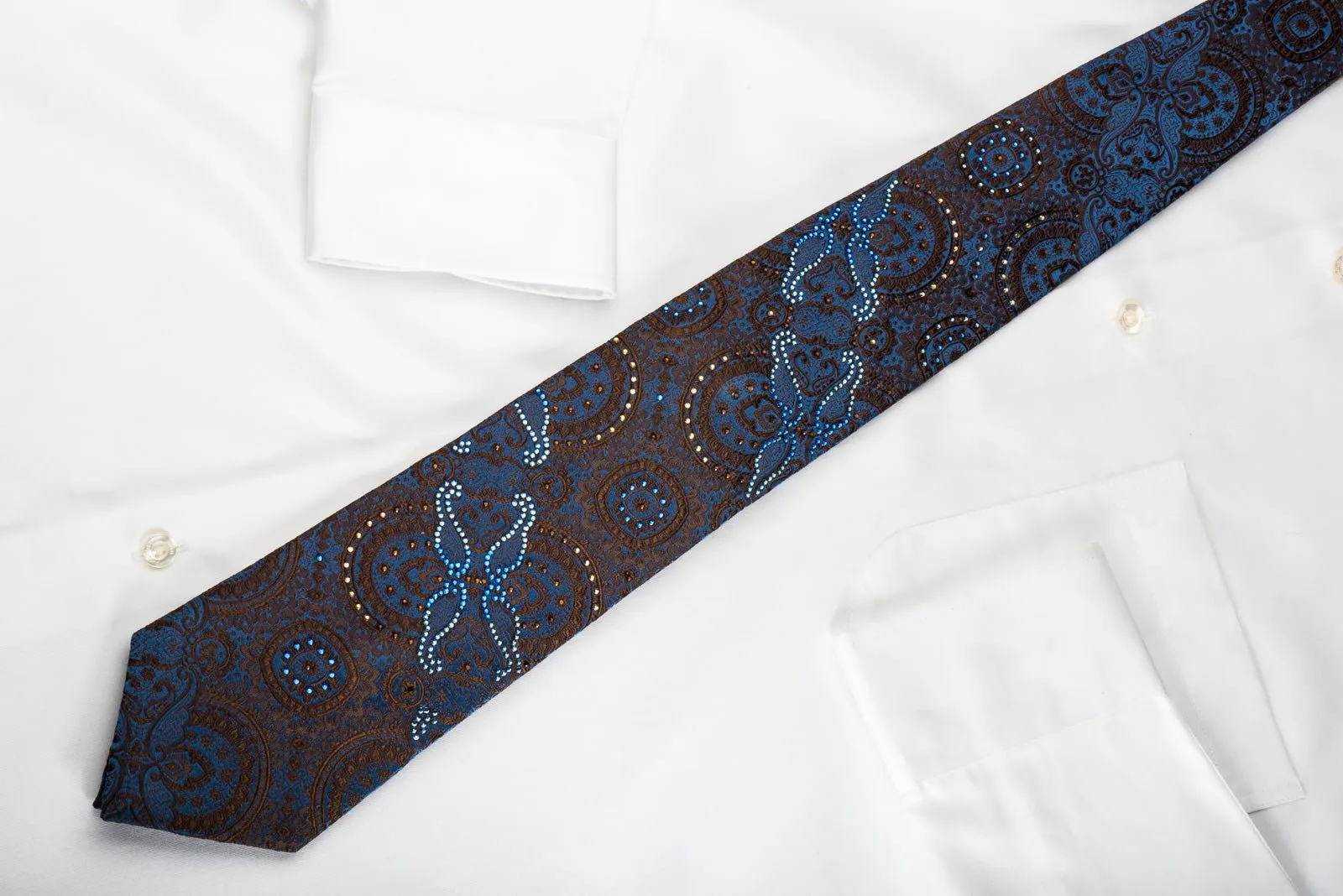 Arpeggio Silk Necktie Brown Anthemion On Blue With Crystal Rhinestones