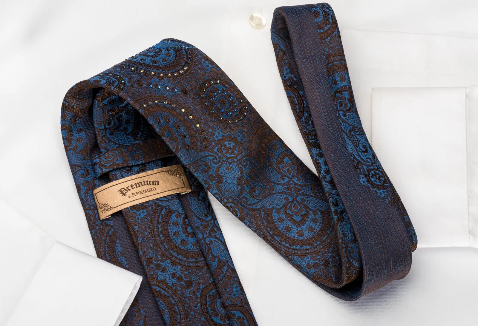 Arpeggio Silk Necktie Brown Anthemion On Blue With Crystal Rhinestones