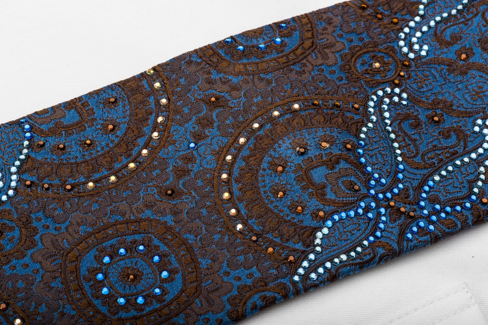 Arpeggio Silk Necktie Brown Anthemion On Blue With Crystal Rhinestones