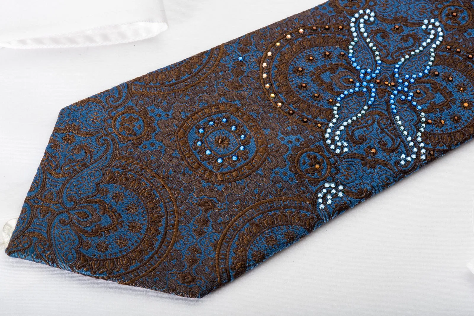 Arpeggio Silk Necktie Brown Anthemion On Blue With Crystal Rhinestones