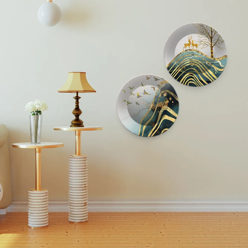 Beautiful Modern Art Scenery with Golden Deer Wall Hanging Plates of Two Pieces