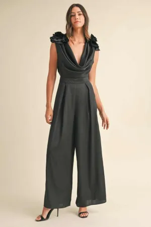 Black Applique Deep Cowl Neck Jumpsuit