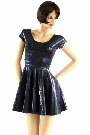 Black Holographic Cap Sleeve Skater Dress