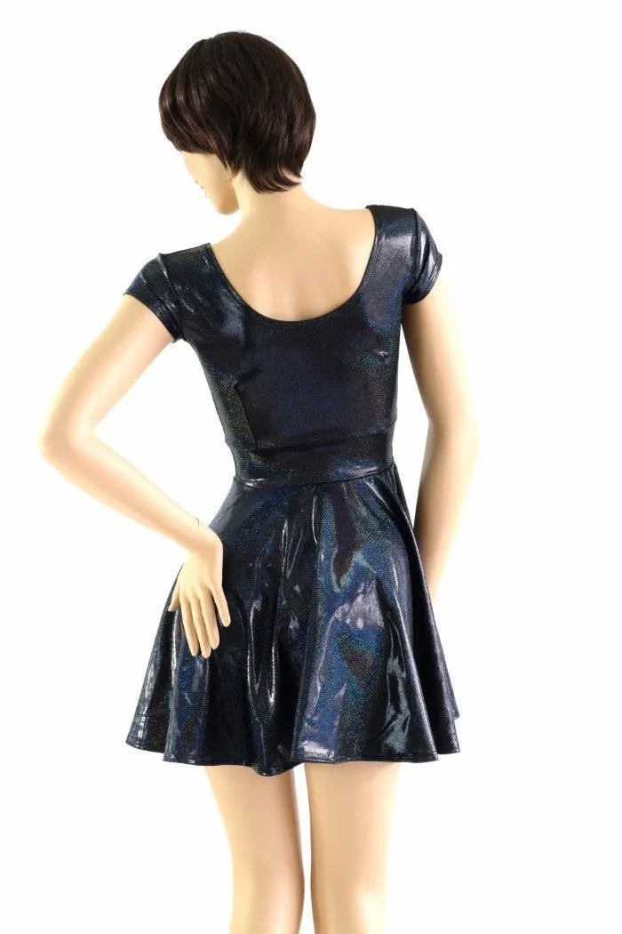 Black Holographic Cap Sleeve Skater Dress