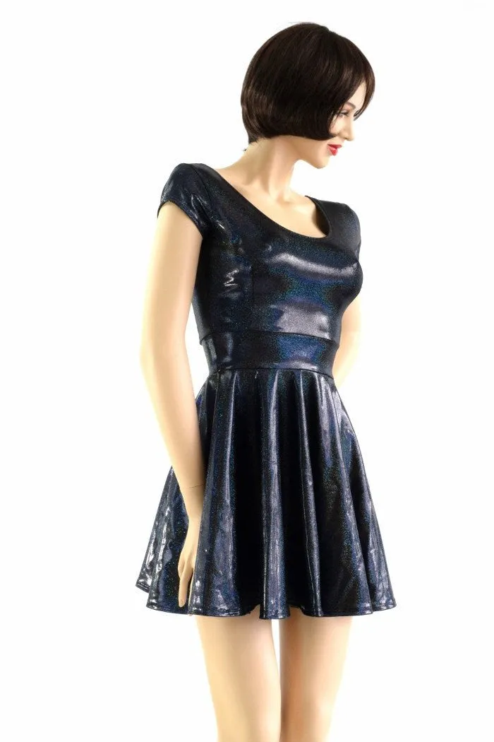 Black Holographic Cap Sleeve Skater Dress