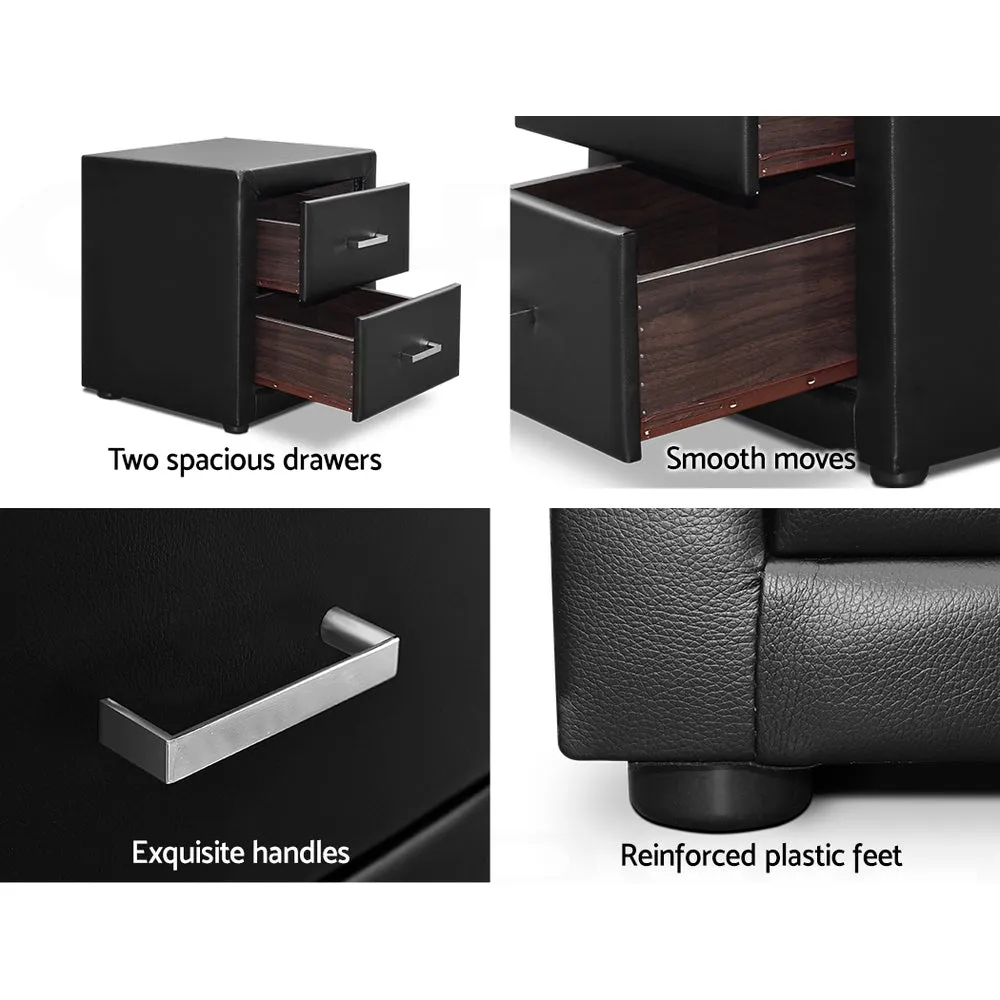 Black Leather Bedside Table 2 Drawers MDF Frame - Artiss CADEN