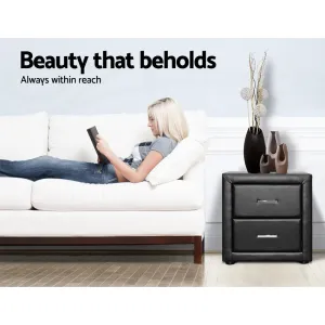 Black Leather Bedside Table 2 Drawers MDF Frame - Artiss CADEN