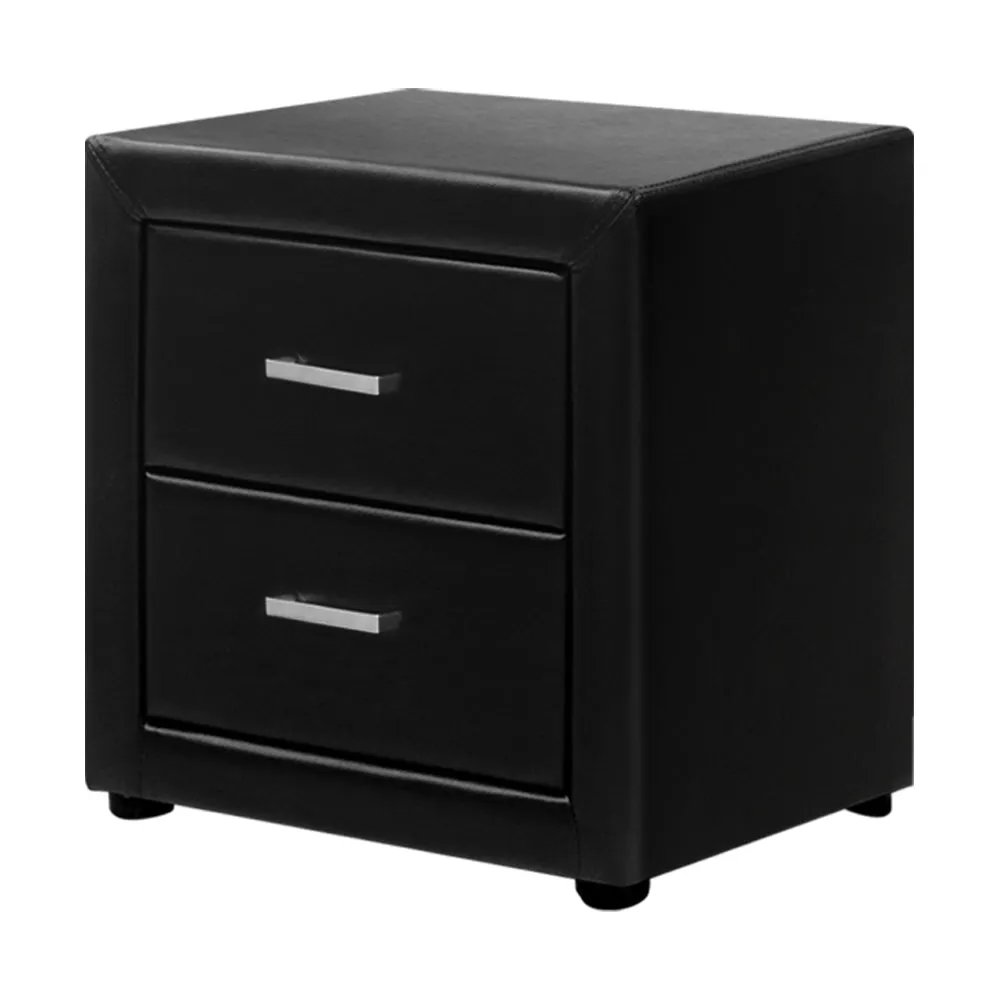 Black Leather Bedside Table 2 Drawers MDF Frame - Artiss CADEN