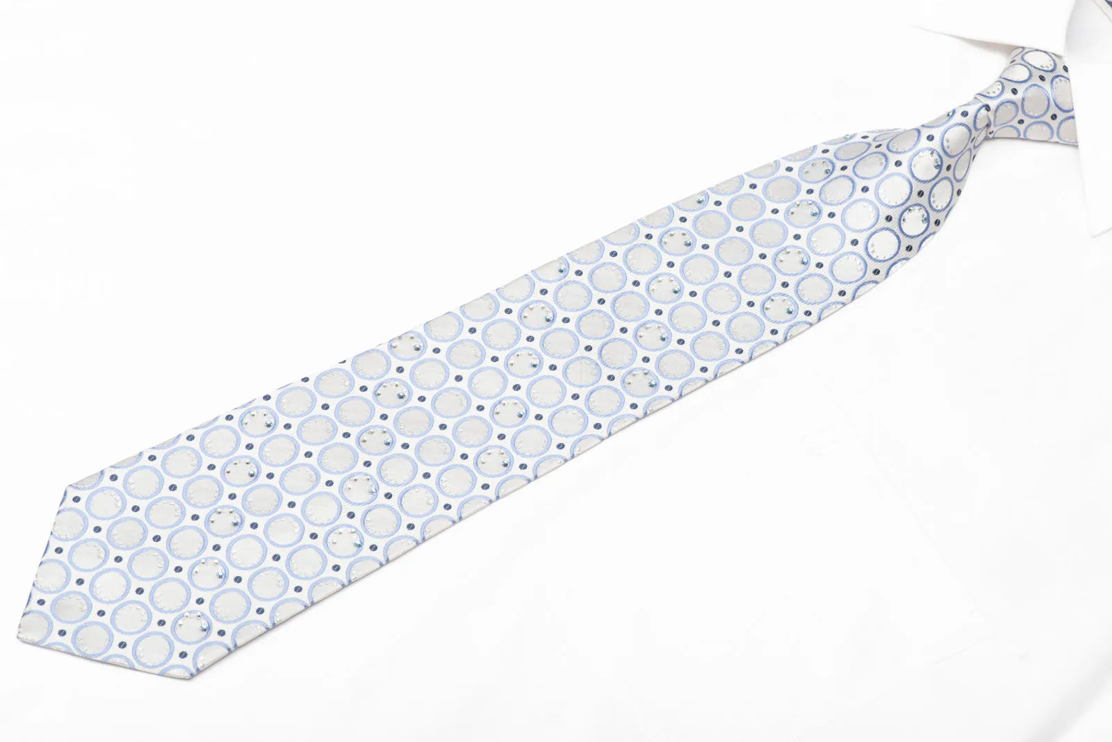 Blue Geometric Circles Design On Blue Rhinestone Silk Necktie With Sparkles