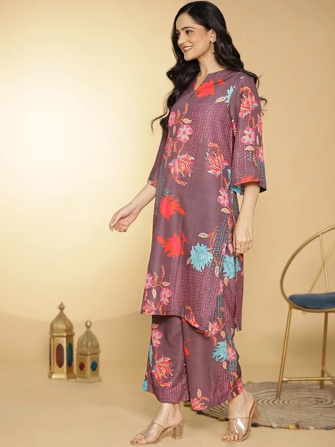 BurgundyFloral Muslin Printed LongKurta & Palazzo