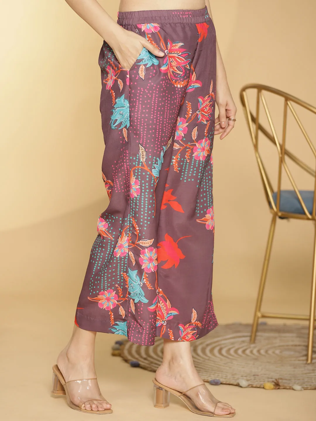 BurgundyFloral Muslin Printed LongKurta & Palazzo