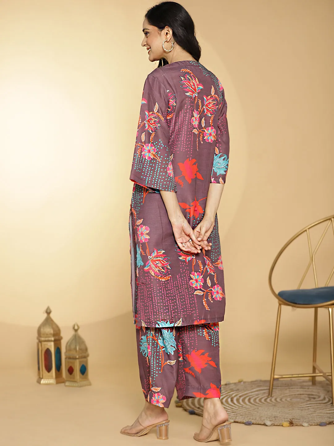 BurgundyFloral Muslin Printed LongKurta & Palazzo