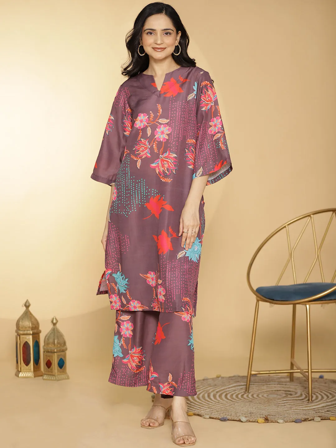 BurgundyFloral Muslin Printed LongKurta & Palazzo