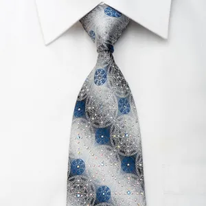 Cabrini Men's Silk Necktie Medallions On Silver Sparkling With Crystal Rhinestones