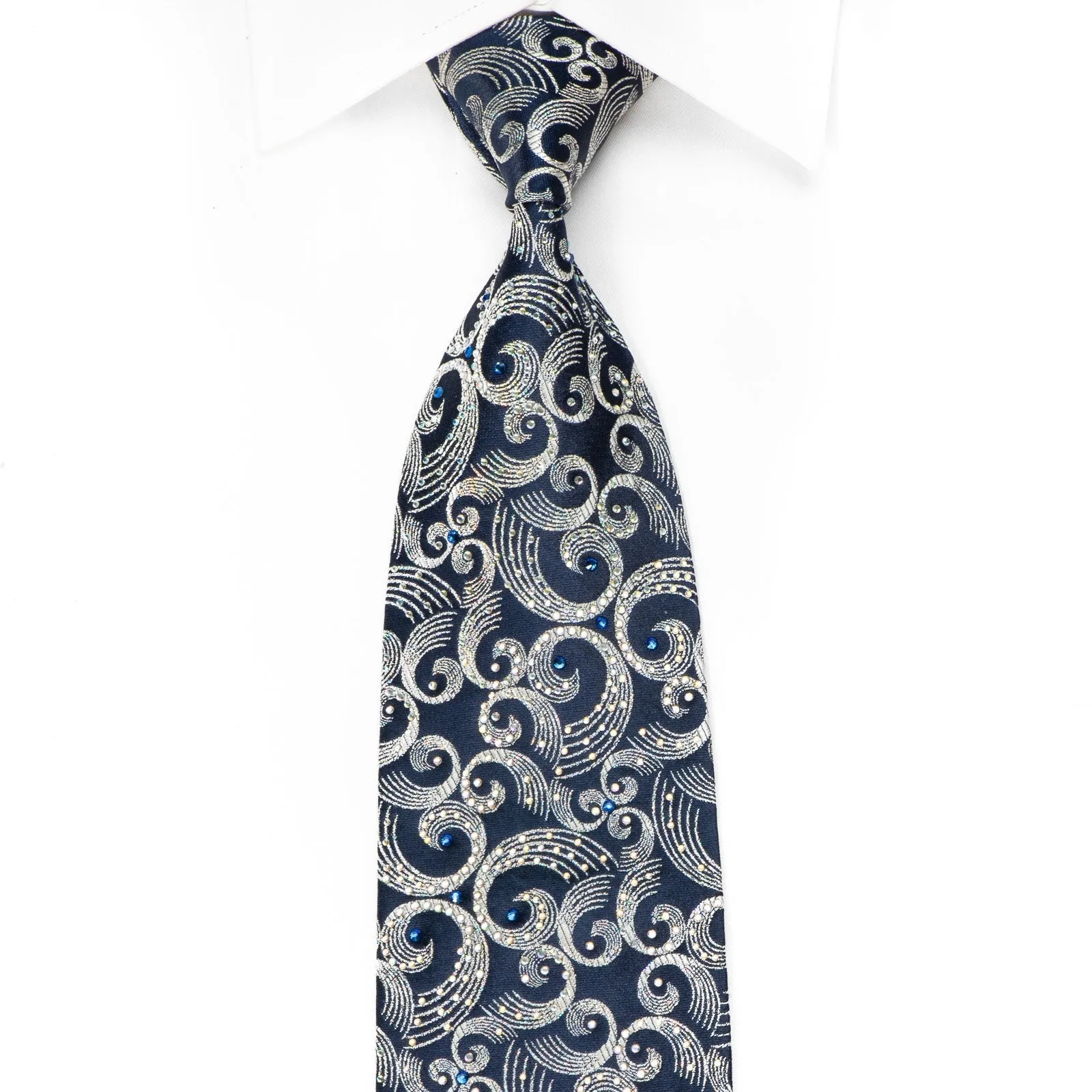 Crystal Rhinestone Necktie Silver Scrolls On Blue With Silver Sparkles