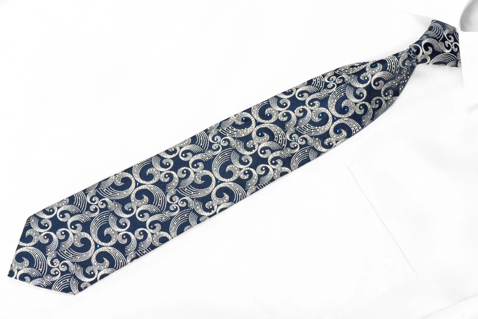 Crystal Rhinestone Necktie Silver Scrolls On Blue With Silver Sparkles