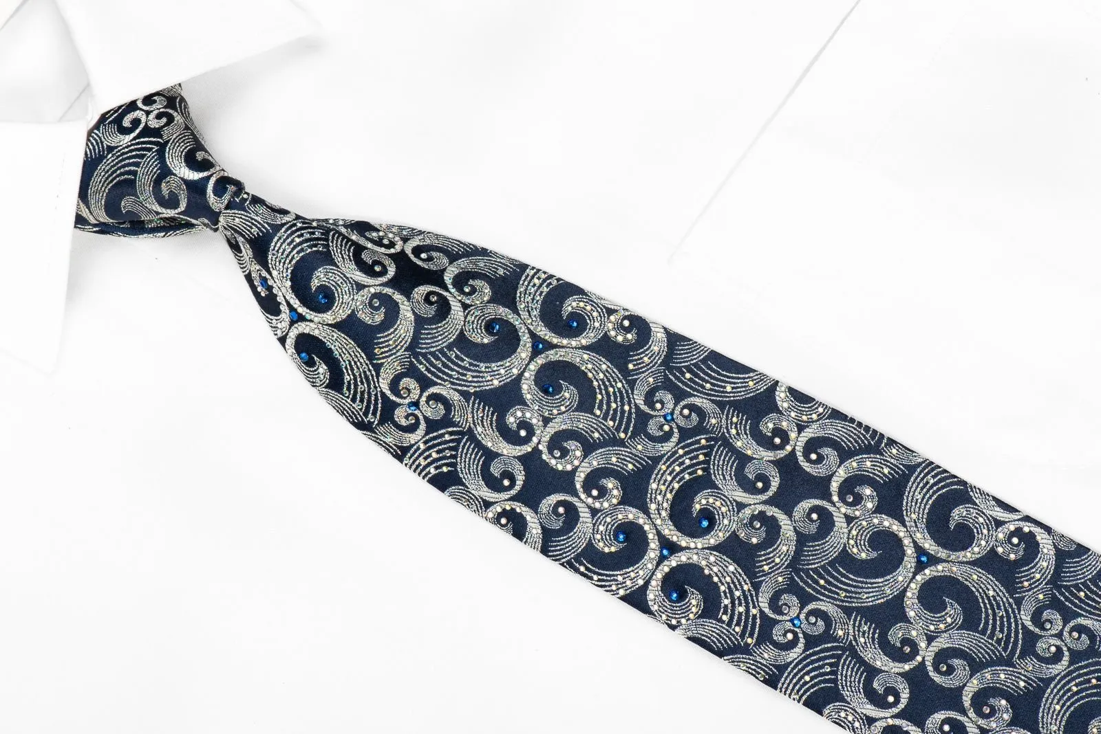 Crystal Rhinestone Necktie Silver Scrolls On Blue With Silver Sparkles