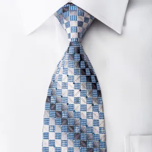 Daks Rhinestone Silk Necktie Blue Checker On Silver With Gold Sparkles