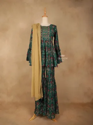 Dark Green Georgette Sharara Suit with Floral Prints, Paired with Dupatta