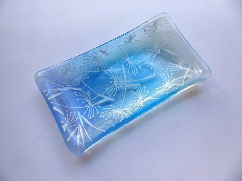 Eva Glass Design Blue and white dandelion clocks fused glass soap dish (EGD