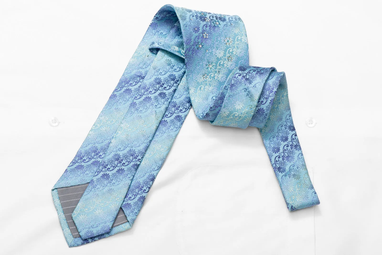 Floral On Blue Rhinestone Silk Necktie With Silver Sparkles