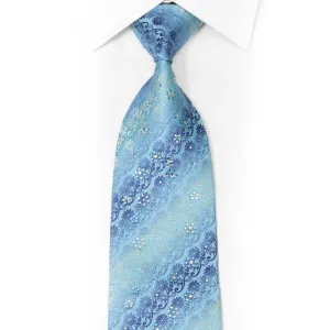 Floral On Blue Rhinestone Silk Necktie With Silver Sparkles