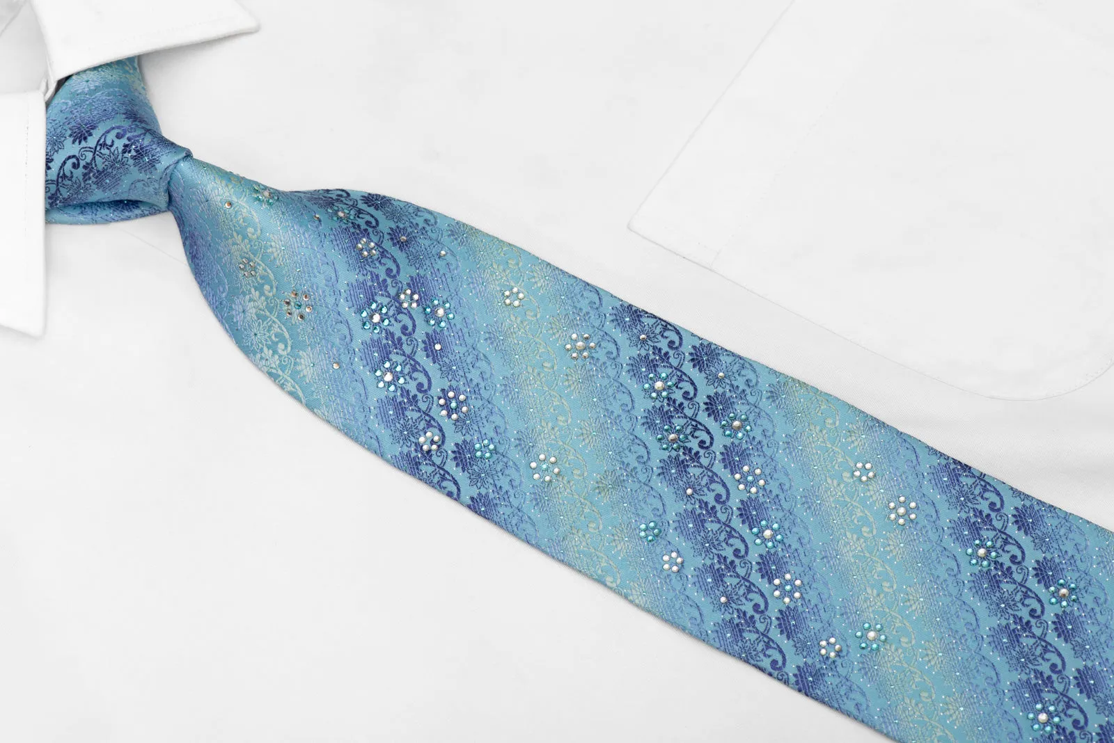 Floral On Blue Rhinestone Silk Necktie With Silver Sparkles