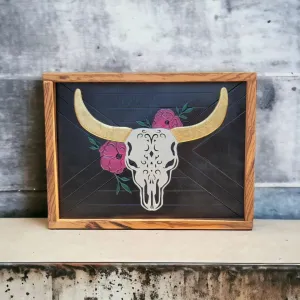 Framed Floral Longhorn Bull