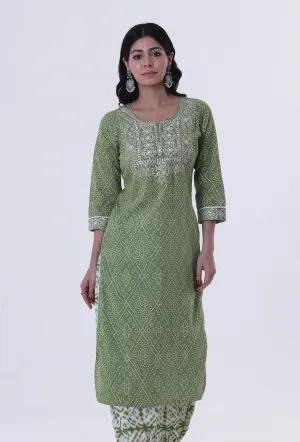 Green & White Color Cotton Block Printed Kurta