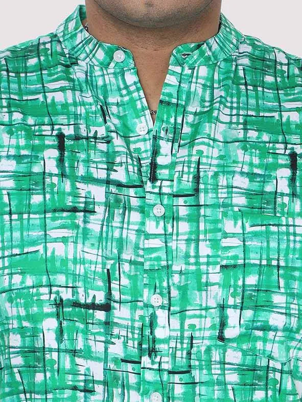 Green Mozaic Printed Chinese Collar Men's Plus Size Full Shirt