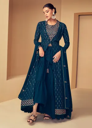 Imperial Navy Blue Jacket Style Party Wear Indo Western Dress