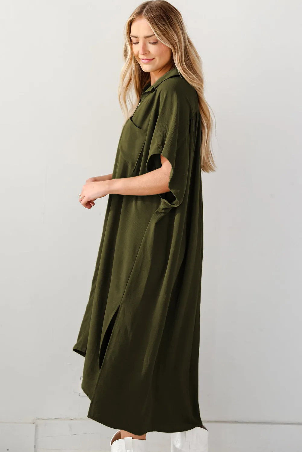 Jungle Green Loose High Low Side Slits Short Sleeve Shirt Dress