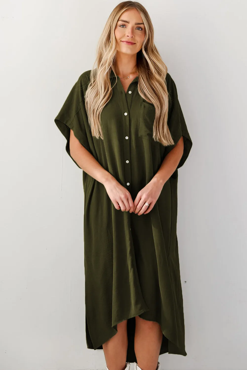 Jungle Green Loose High Low Side Slits Short Sleeve Shirt Dress