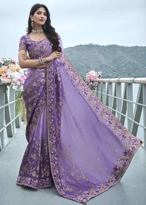 Lavender Viscose Silk Embroidered Designer Wedding Saree