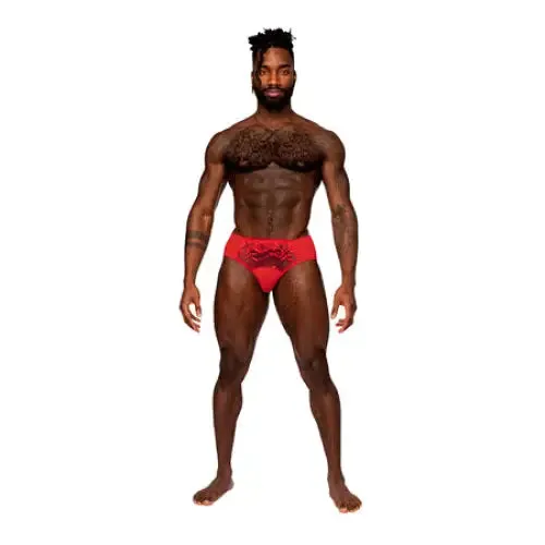 Male Power Sassy Lace Bikini Solid Pouch Red XL