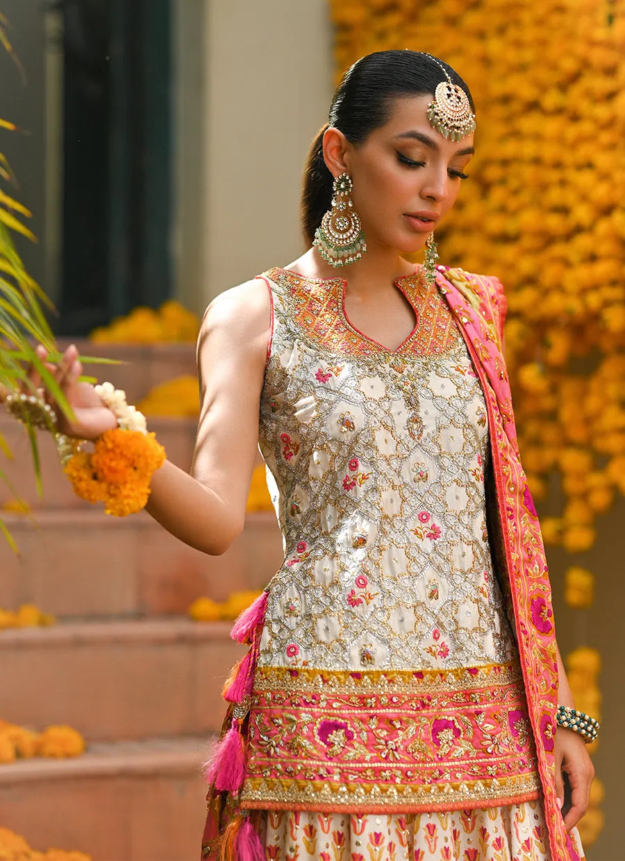 Marilla ivory short shirt with lengha and block printed dupatta