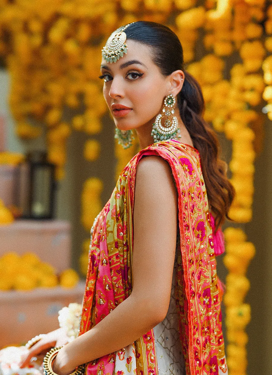 Marilla ivory short shirt with lengha and block printed dupatta