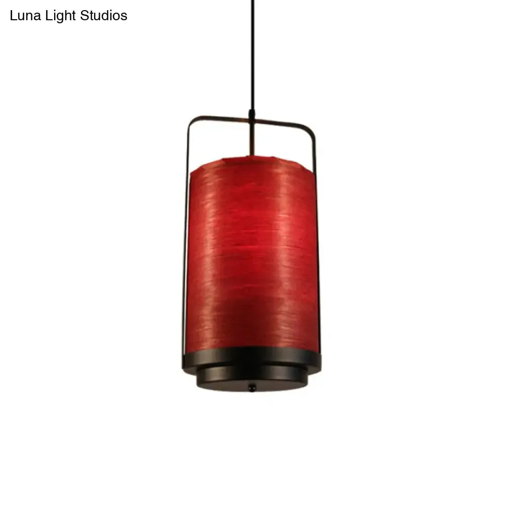 Modern Cylindrical Pendant Lamp 1 Light - Fabric, White/Red/Green - Dining Room Hanging Fixture