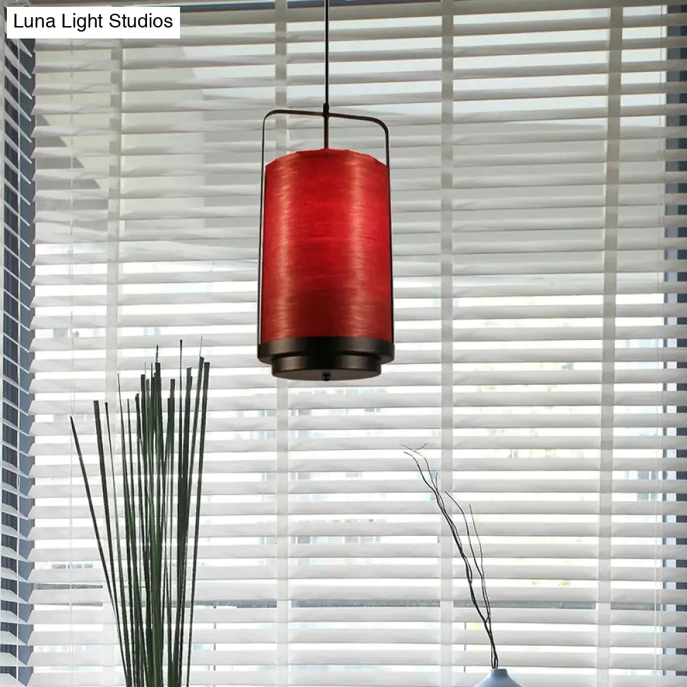 Modern Cylindrical Pendant Lamp 1 Light - Fabric, White/Red/Green - Dining Room Hanging Fixture