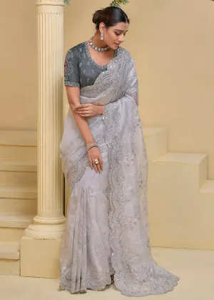 Pearl Grey Banarasi Silk Embroidered Designer Saree