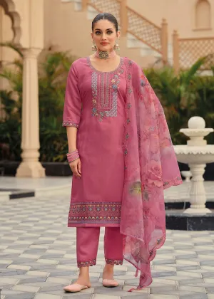 Pink Color Embroidered Silk Pant Style Salwar Suit